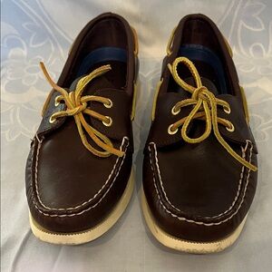Sperry Brown Leather Boat Shoes with Yellow Leather Laces Size 9.5